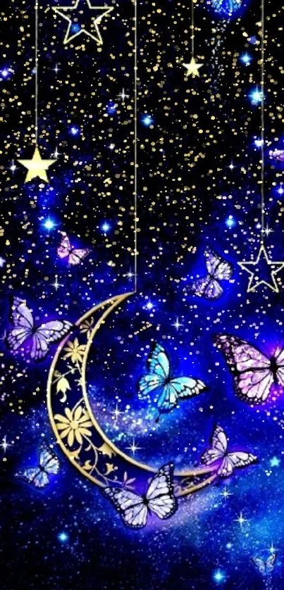 Mystical wallpaper with butterflies, stars, and a crescent moon on a dark blue sky.