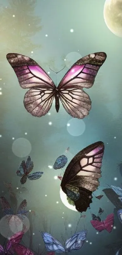 Ethereal butterflies soar under a mystical moonlit sky in this wallpaper.