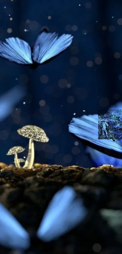 Blue butterflies and glowing mushrooms create a mystical nocturnal scene.