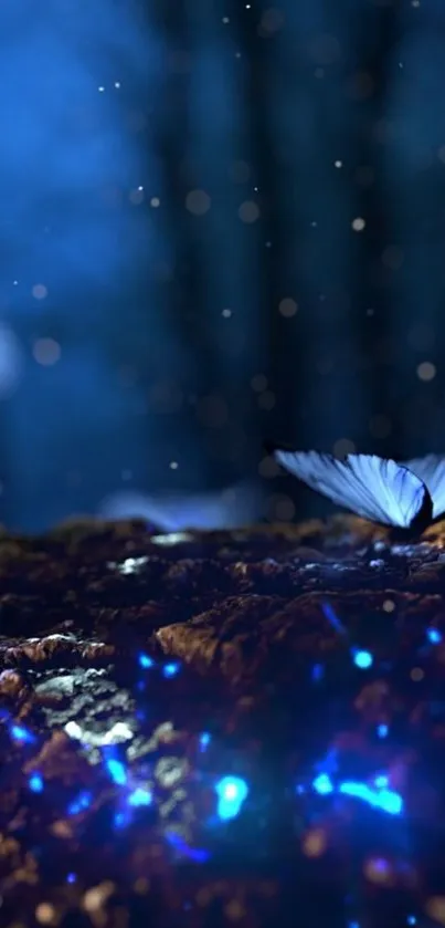 Mystical blue butterflies glow in a dark forest night scene.