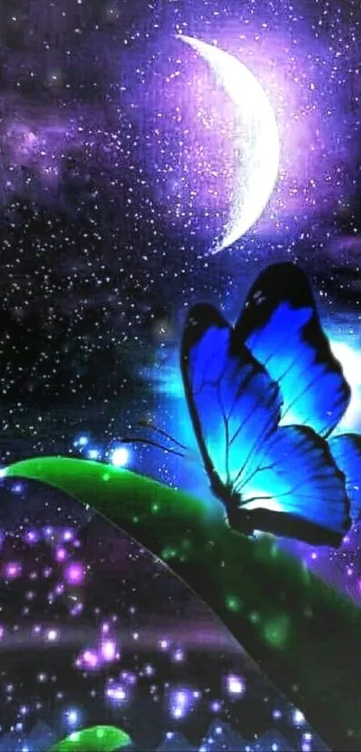 Blue butterfly on leaf under a starry night sky with crescent moon.