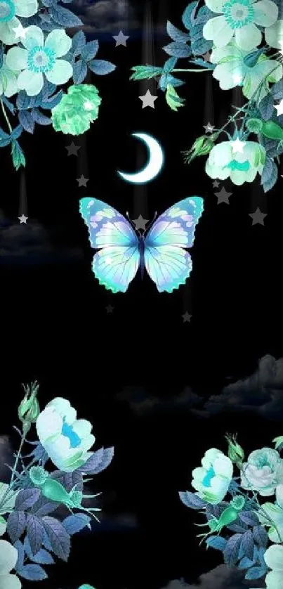 Mystical butterfly and moon with teal flowers at night.