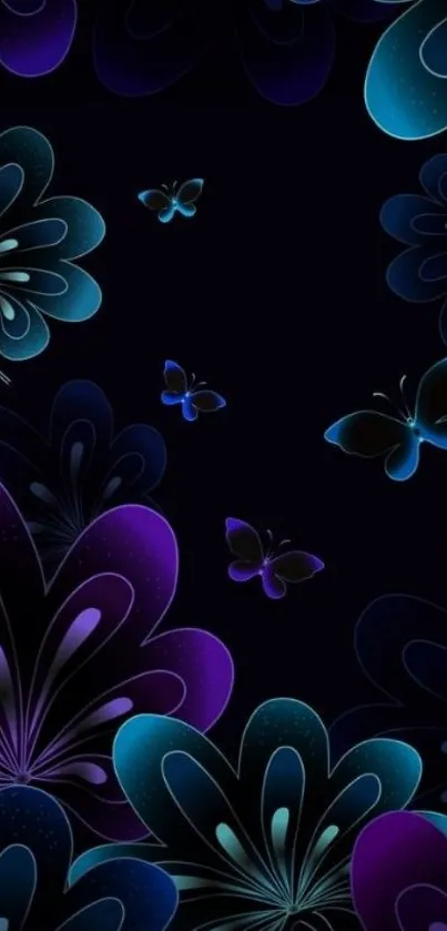 Night scene with butterflies and floral patterns in blue and purple hues.