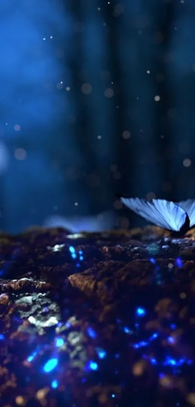 Mystical blue butterflies glowing on a nighttime forest scene.