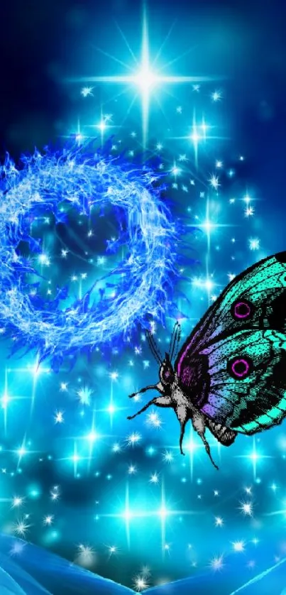 Mystical butterfly with sparkling blue aura in starlit night sky.