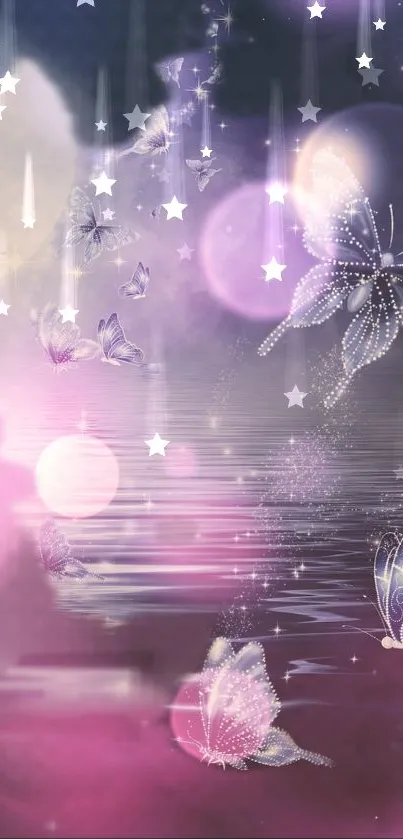 A mystical wallpaper with butterflies and stars on a purple night background.