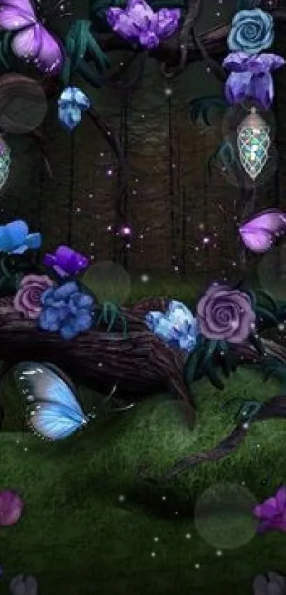 Magical night forest with purple butterflies and flowers.