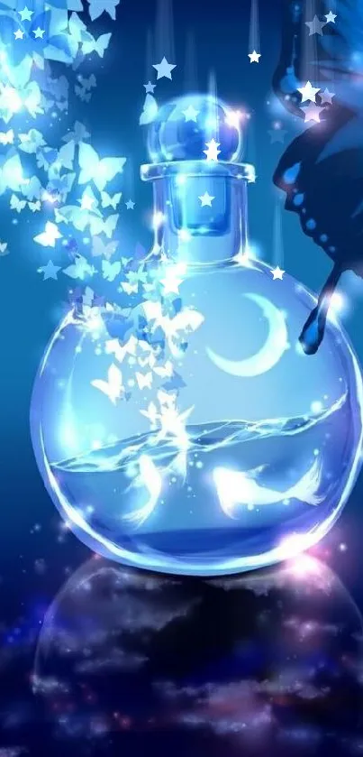 Mystical blue butterfly night scene with glowing potion bottle.