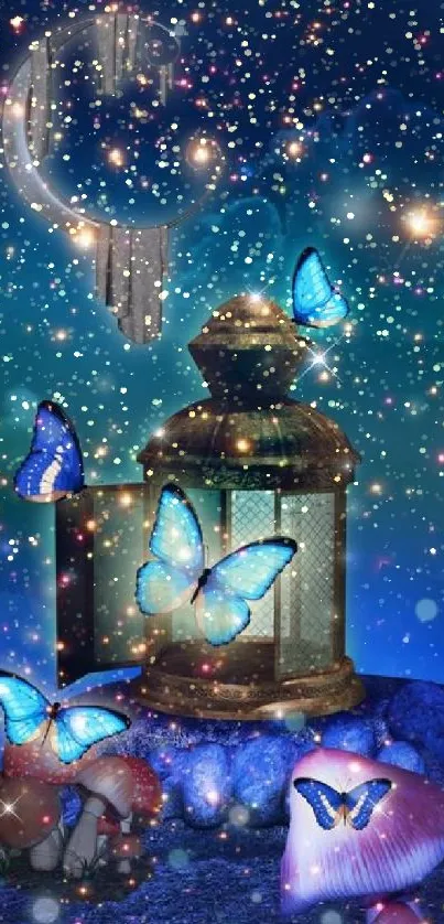 Magical night scene with butterflies and lantern.