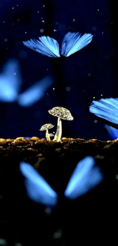 Mystical night scene with blue butterflies and mushrooms.