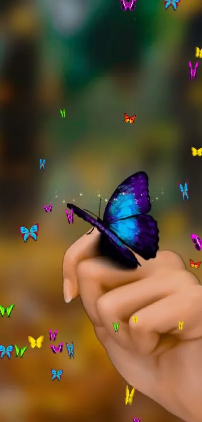 Blue butterfly resting on a hand in an autumn forest.