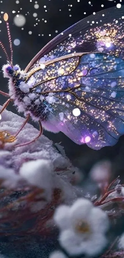 Mystical butterfly on snowy flowers with a dark blue background.