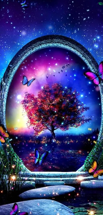 A mystical scene with butterflies, a portal, and a vibrant tree against a starry indigo sky.