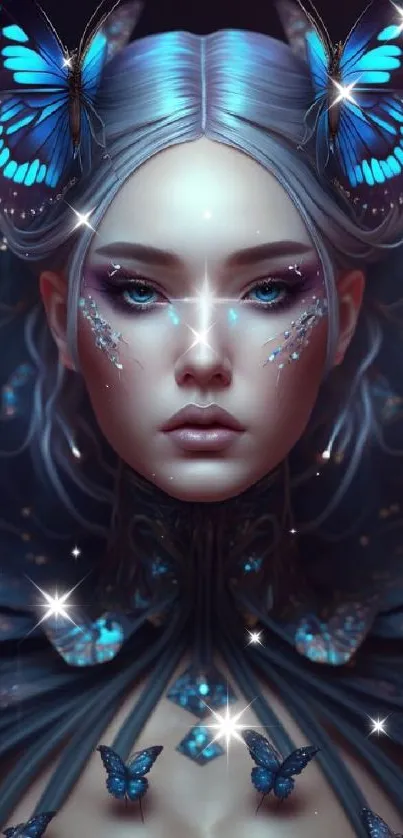 Mystical queen with blue butterflies in a fantasy art style wallpaper.