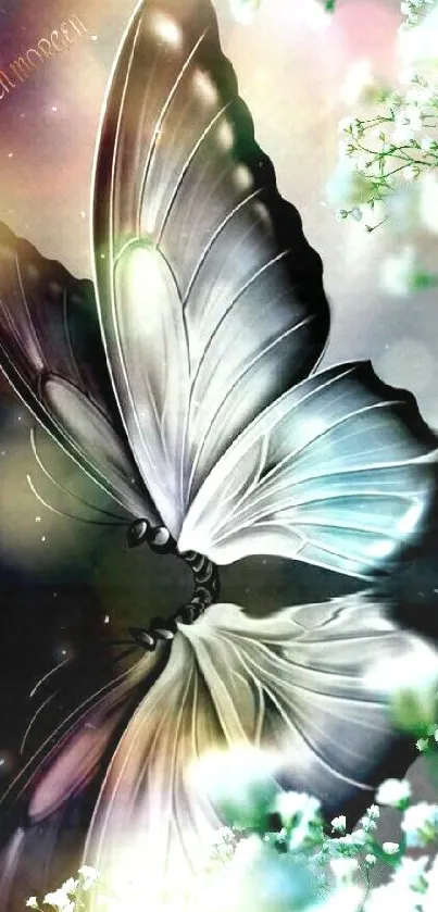 Serene wallpaper with butterfly and floral reflections.