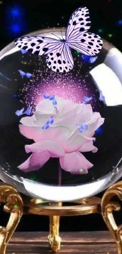 Mystical butterfly hovering over a rose inside a glass sphere with a black background.