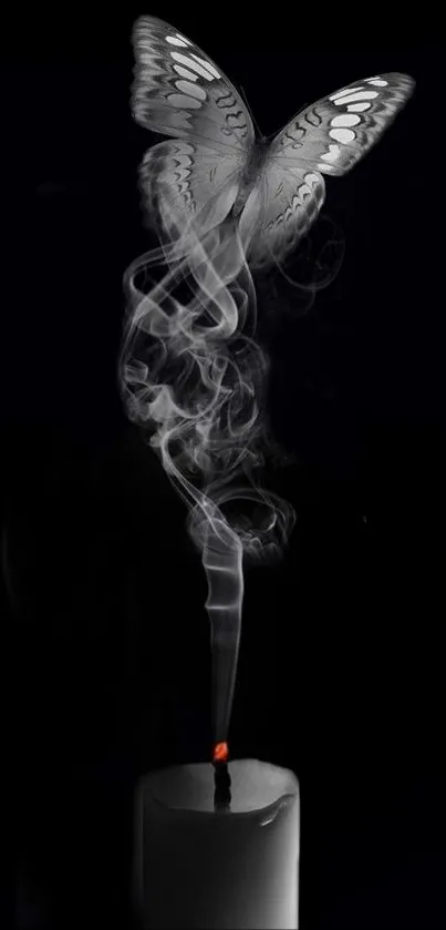 Ethereal butterfly emerging from candle smoke on a dark background.