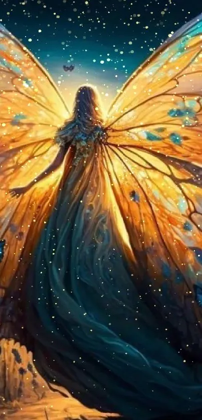 Mystical woman with butterfly wings at golden sunset.