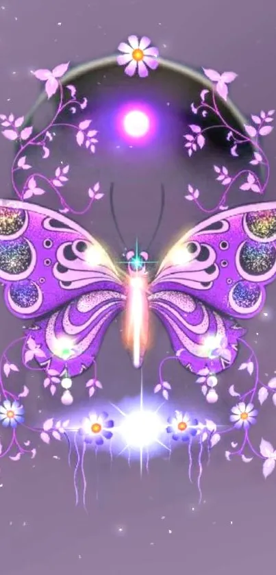 Enchanting purple butterfly with glowing floral accents on a mystical background.