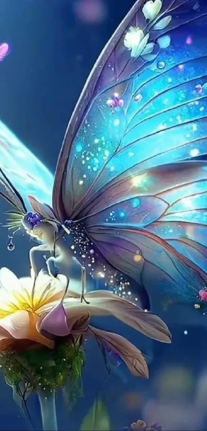 Magical butterfly on a flower, vibrant colors and fantasy design.