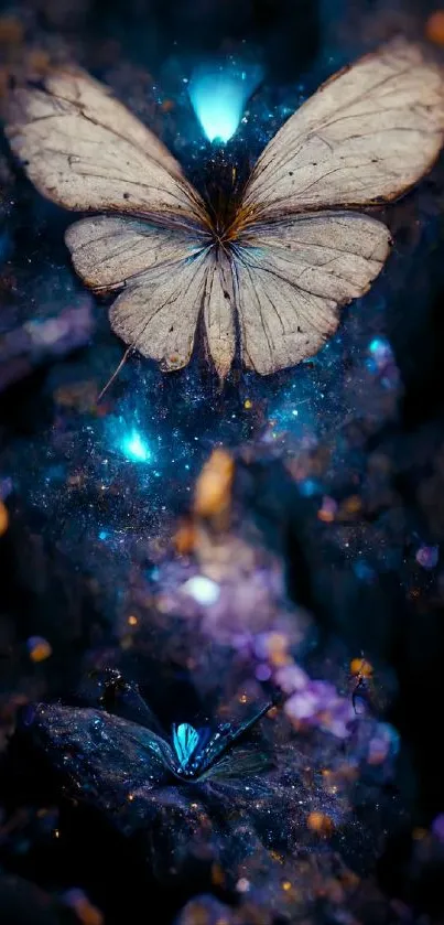 Mystical blue butterfly wallpaper with glowing hues and fantasy elements.