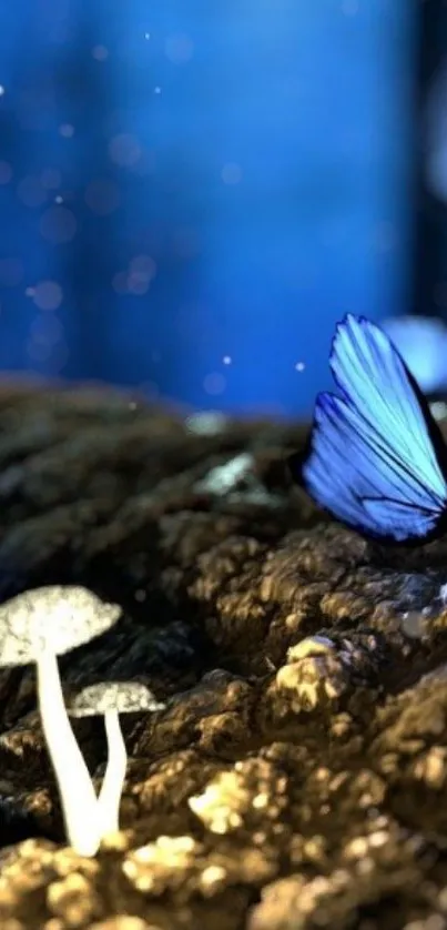 Blue butterfly and glowing mushrooms in a mystical forest scene.