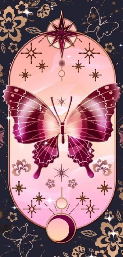 Mystical butterfly wallpaper with celestial and floral design.