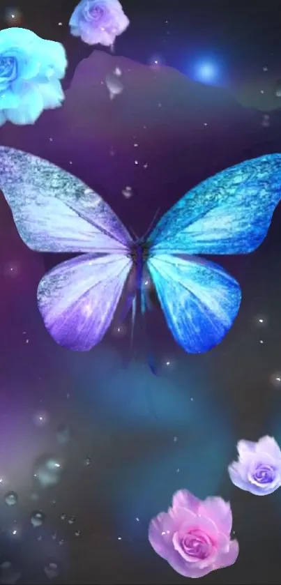 Mystical blue and purple butterfly with ethereal flowers.