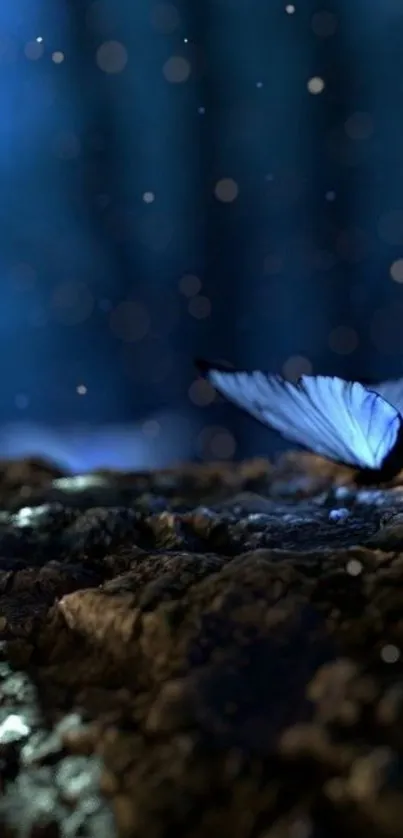 Mystical blue butterfly resting in a serene forest setting with a soft glow.