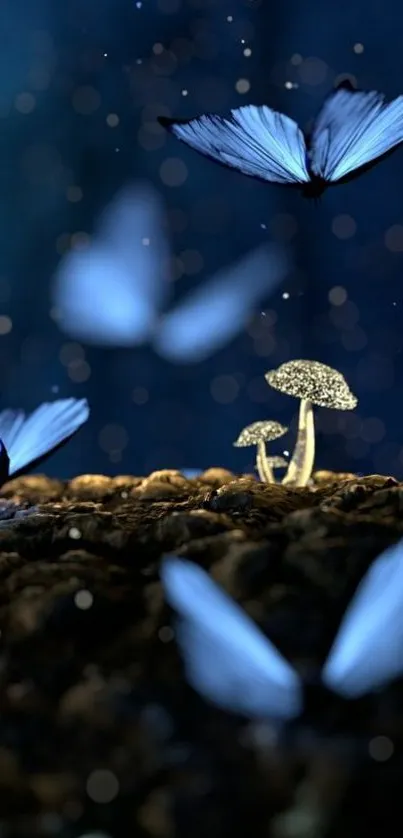 Blue butterflies and glowing mushrooms on a dark background for mobile wallpaper.