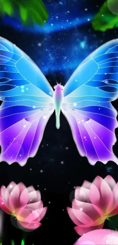 Colorful butterfly on a dark, starry background with pink flowers.