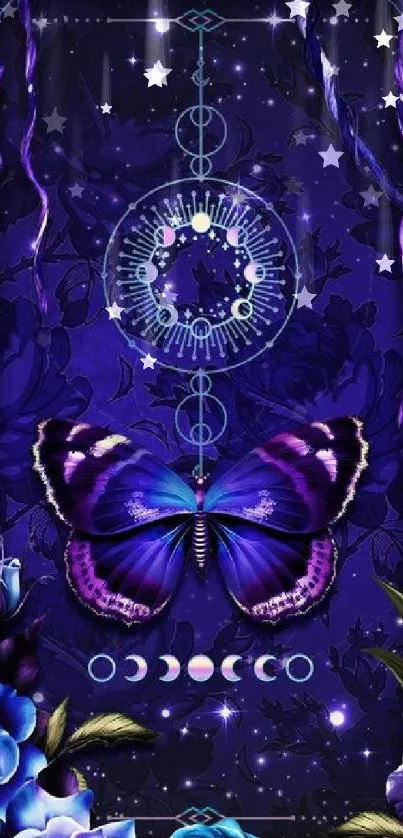 Mystical butterfly on purple floral background wallpaper.