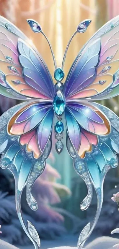 Vibrant fantasy butterfly with colorful wings in a mystical setting.