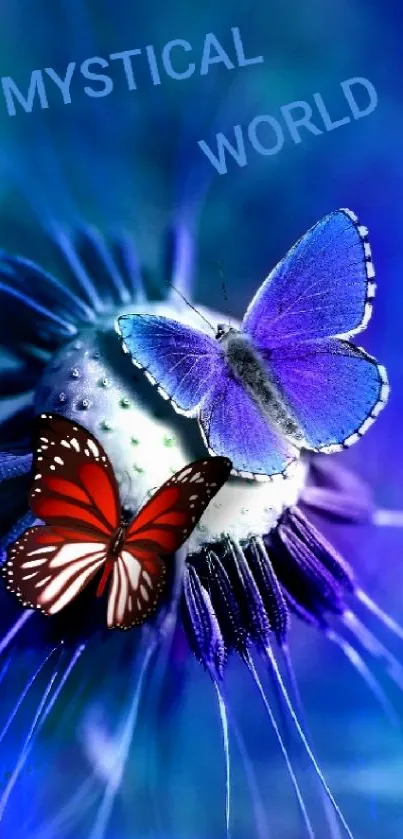 Mystical butterflies on a vibrant flower in dreamy blue hues.