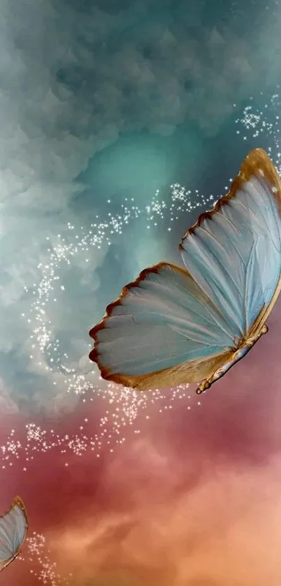 Mystical butterfly with clouds and stars in soft hues.