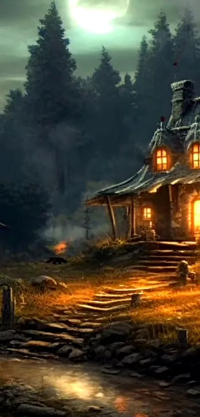 Mystical cabin glowing in an enchanted forest with a moonlit sky.