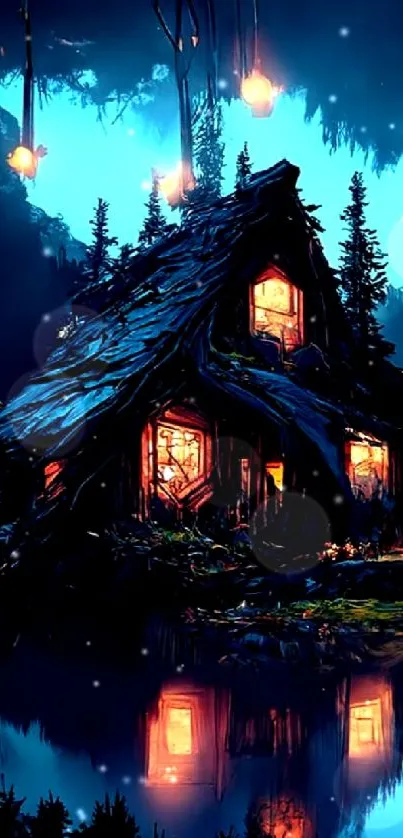 Magical cabin glowing in a serene, dark blue forest nightscape with reflections.