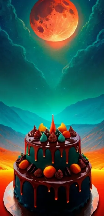 Abstract cake with moonlit sky and vibrant landscape.