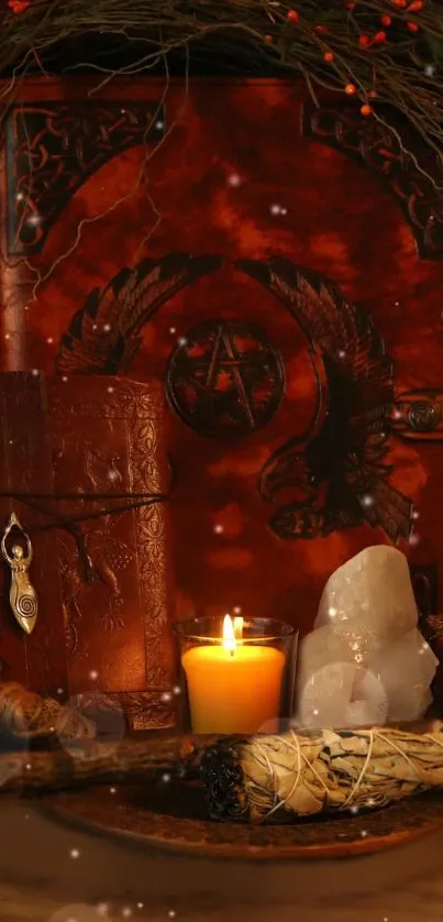 Mystical setting with candle, book, and crystals in warm tones.