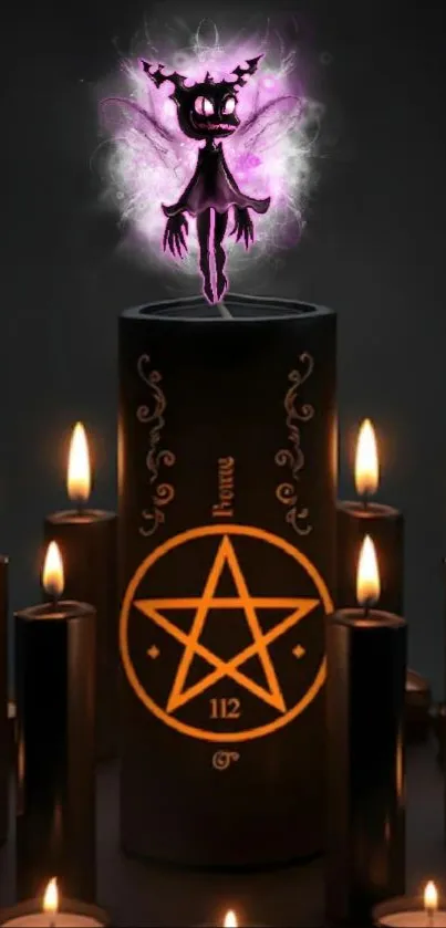 Enchanting dark-themed wallpaper with candles and a mystical figure.