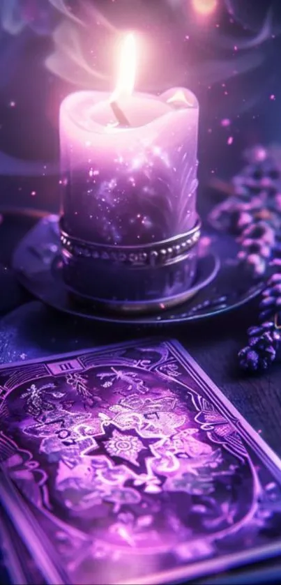 Purple candlelit tarot scene with mystic glow.