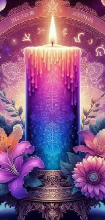 Mystical candle with vibrant flowers and celestial symbols.