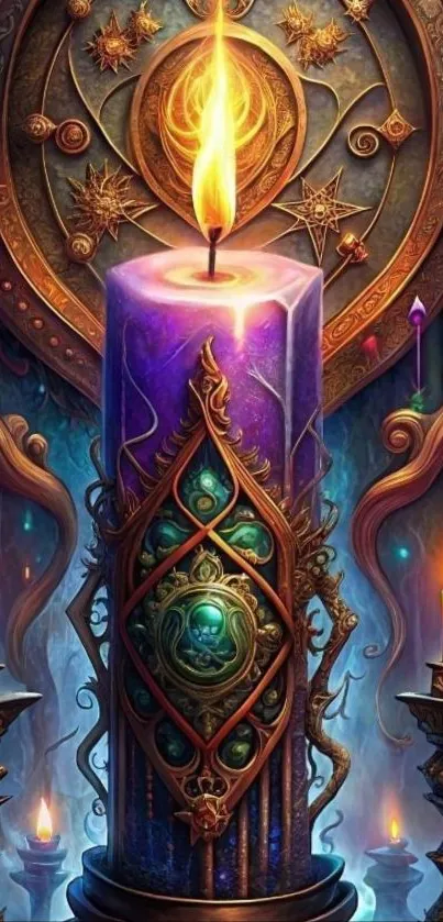 Purple mystical candle with ornate design.