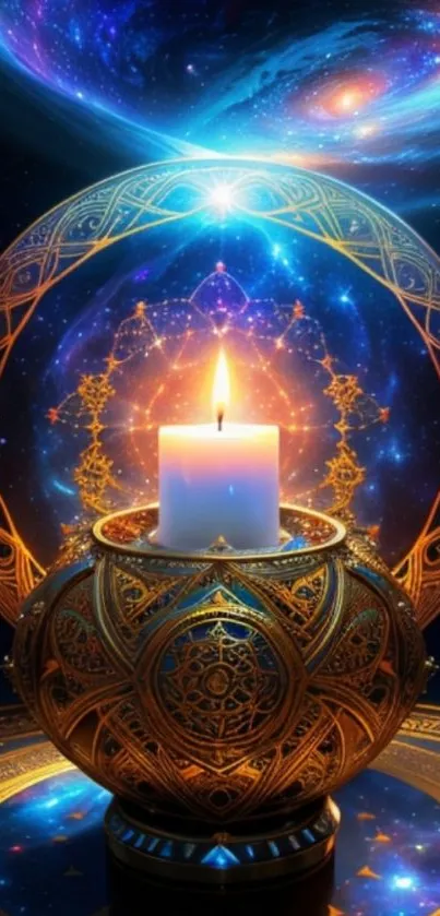 Decorative candle against galaxy background in vibrant colors.