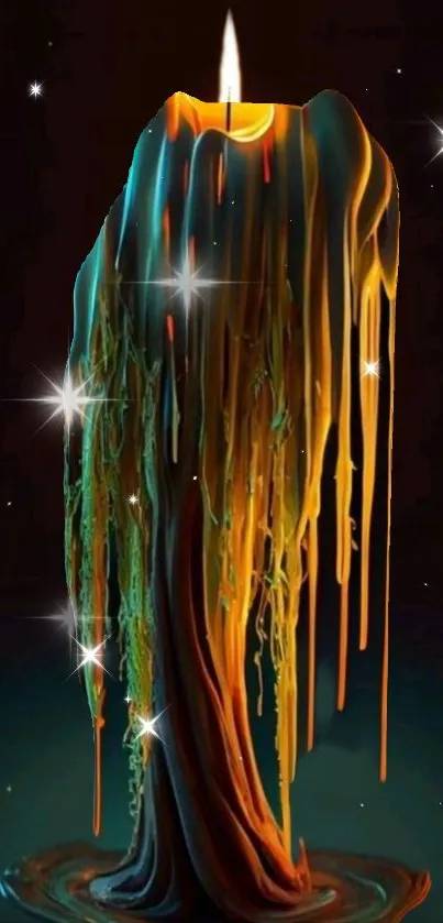 Colorful dripped candle glowing mystically with stars on dark background.