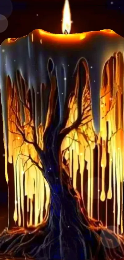 Fiery candle wax melting into a tree design on a dark background.