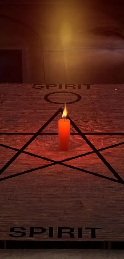 Red candle on mystical symbol wallpaper.