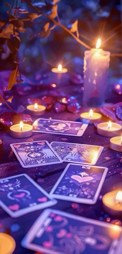 Mystical tarot cards surrounded by candles in dim light.