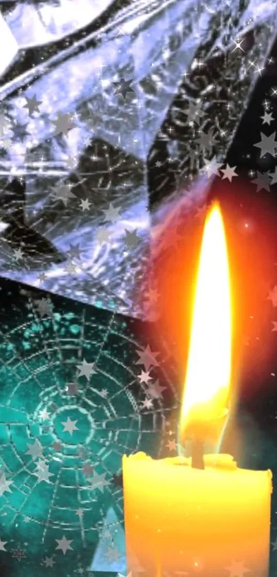 Mystical candle with stars and geometric pattern on a mobile wallpaper.