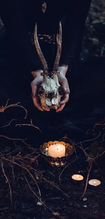 Person holding deer skull surrounded by candles in a dark, mystical forest setting.